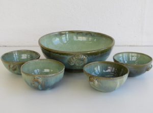 Green bowl set with ammonites. Stoneware. Sold. £72 to order..